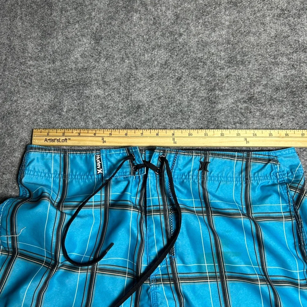 Hurley Plaid Board Shorts Blue Black Checkered Skater Surf Trunks Size 32